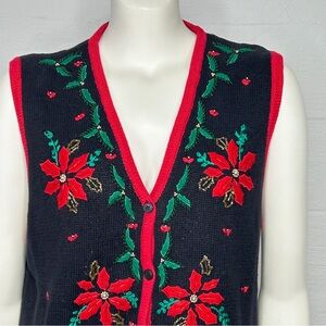 Bobbie Brooks Christmas Vest Poinsettia Sweater Red Black XL Holiday